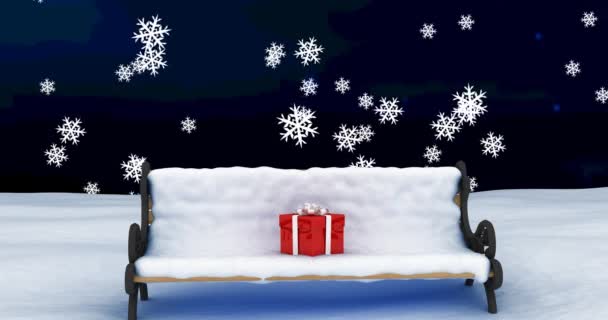 Animação Natal Presente Banco Com Neve Sobre Neve Caindo Fundo — Vídeo de Stock