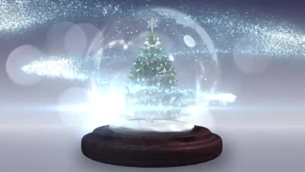 灰色の背景に雪の地球上のトナカイとそりでサンタクラスのアニメーション クリスマス お祝いのコンセプトをデジタルで — ストック動画