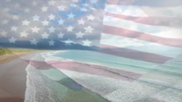 Digital Composition Waving Flag Businesspeople Shaking Hands View Beach National — Stock Video