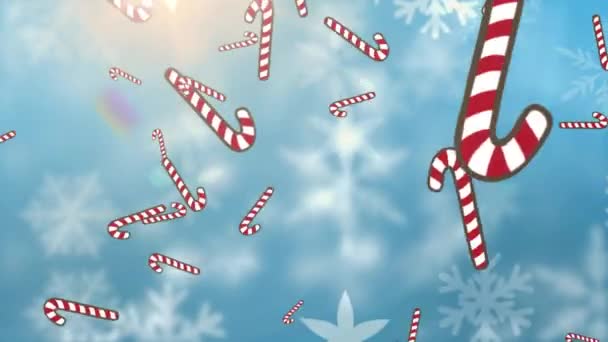 Multiple Candy Icons Cane Falling Snowflakes Floating Spot Light Blue — Stock Video