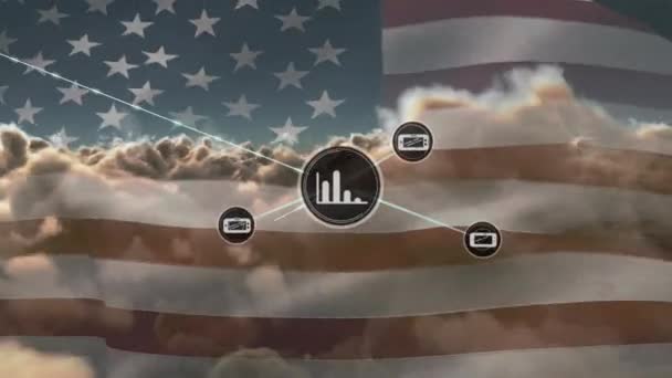 Network Digital Icons Waving Flag Clouds Sky Global Networking Cloud — Stock Video