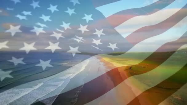Цифровой Состав Размахивания Флагом Против Воздушного Вида Пляж Морские Волны — стоковое видео