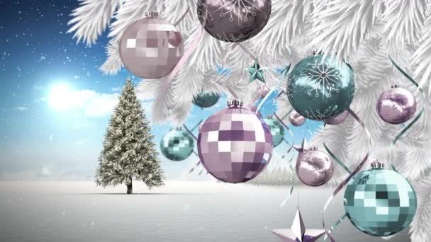 Bola Navidad Decoraciones Estrellas Colgando Árbol Navidad Paisaje Invierno Contra — Vídeos de Stock
