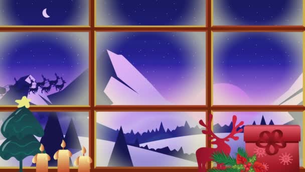 Анимация Зимних Пейзажей Сантой Санях Северными Оленями Рождество Зима Традиции — стоковое видео