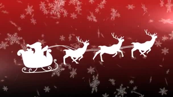 Weihnachtsmann Schlitten Wird Von Rentieren Über Schneeflocken Gezogen Die Vor — Stockvideo