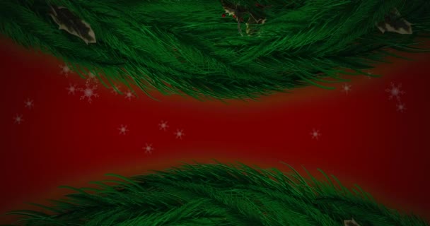 Χριστουγεννιάτικη Διακόσμηση Στεφανιού Και Νιφάδες Χιονιού Εικόνες Που Πέφτουν Κόκκινο — Αρχείο Βίντεο