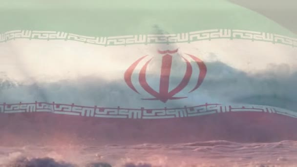 Composición Digital Ondear Bandera Irán Contra Las Olas Del Mar — Vídeos de Stock