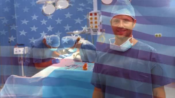 Animation Der Flagge Die Über Chirurgen Operationssaal Weht Globale Medizin — Stockvideo