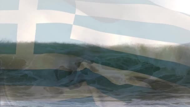 Composição Digital Bandeira Grega Acenando Contra Vista Aérea Das Ondas — Vídeo de Stock