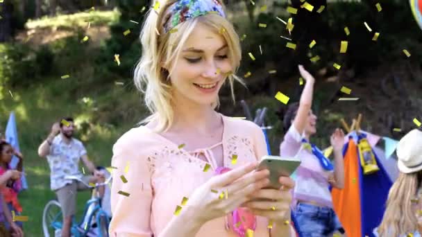 Animation Confetti Falling Woman Taking Selfie Summer Camp Event Celebration — Stock Video