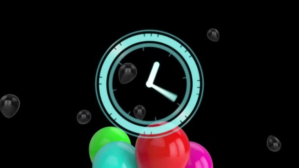 Animation Balloons Flying Clock Black Background Happy Birthday Celebration Concept — Stock Video