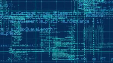 Mavi zemin üzerinde veri işleme animasyonu. küresel bağlantılar, veri işleme ve dijital arayüz konsepti dijital olarak oluşturulmuş video.