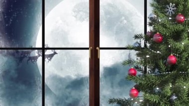 Noel Baba 'nın ren geyiğiyle kızakta olduğu kış manzarasının animasyonu. Noel, kış, gelenek ve kutlama konsepti dijital olarak oluşturulmuş video.