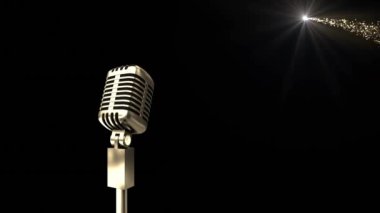 Parlayan ışık noktalarının üzerinde retro mikrofon animasyonu. Vintage noeller, müzik, gelenek ve dijital olarak üretilen kutlama konsepti.