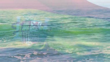 Denizde dalgalara karşı İspanya bayrağı sallamanın dijital bileşimi. Ulusal turizm ve seyahat kavramı