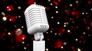 Karanlık arka planda mikrofonun üzerinde parlayan kırmızı ışıkların animasyonu. eğlence, müzik ve kutlama konsepti dijital olarak oluşturulmuş video.