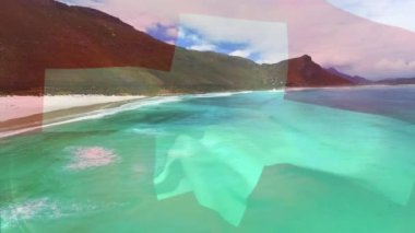 Sahilin havadan görüntüsüne karşı el sallayan İsviçre bayrağının dijital bileşimi. Ulusal turizm ve seyahat kavramı