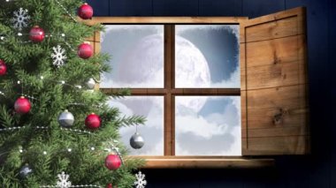 Pencereden görülen kış manzarası ve Noel Baba kızağı animasyonu. Noel, gelenek ve kutlama konsepti dijital olarak oluşturuldu.