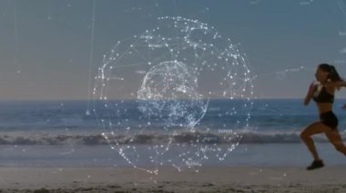 Kumsalda koşan beyaz bir kadın üzerinden dünya ile bağlantı ağlarının animasyonu. global spor, incelik ve sağlıklı yaşam tarzı konsepti dijital olarak oluşturulmuş video.