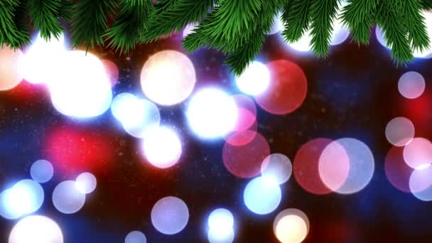 黒い背景に浮かぶ光のカラフルなスポットの上にクリスマスツリーの枝 クリスマス フェスティバルとお祝いのコンセプト — ストック動画