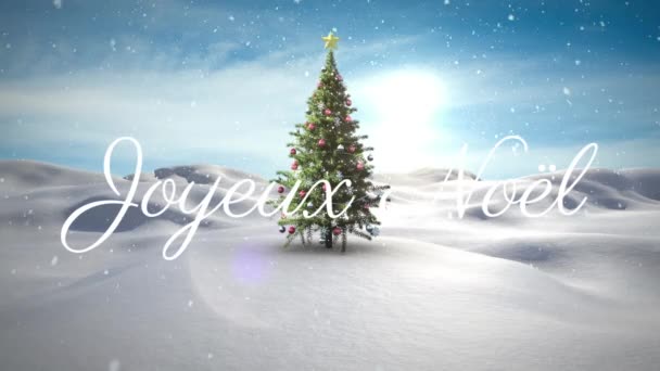 Animatie Van Joyeux Noel Kerstgroeten Kerstboom Winter Landschap Kerstmis Traditie — Stockvideo