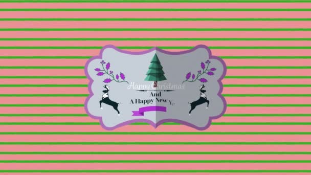 ピンクの背景に緑の縞模様の上に幸せなクリスマステキストのアニメーション クリスマス 伝統とお祝いのコンセプトデジタルで生成されたビデオ — ストック動画