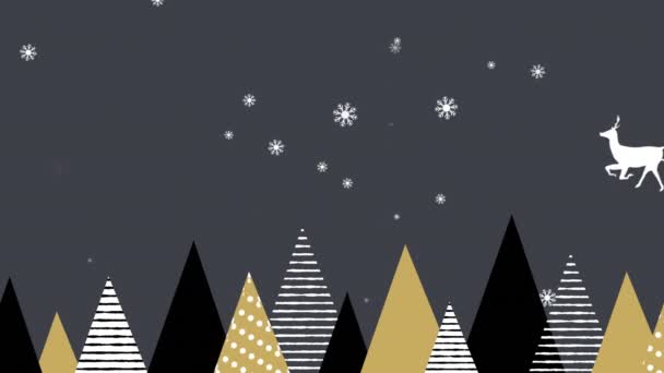 雪橇上的桑塔爪的动画 驯鹿在冷杉树之上 雪花飘扬 圣诞节 传统和庆祝概念数字制作的视频 — 图库视频影像
