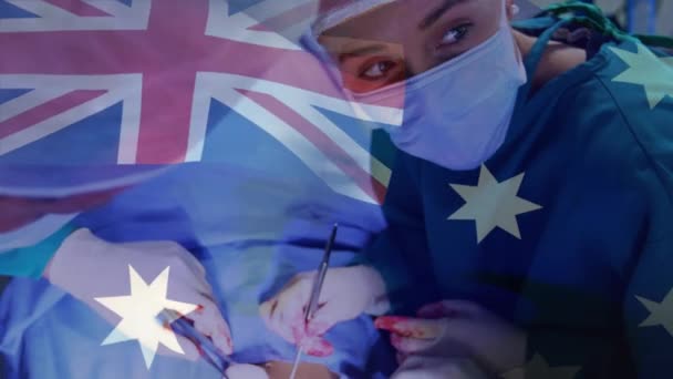 Animace Australské Vlajky Nad Chirurgy Operačním Sále Globální Medicína Zdravotnické — Stock video