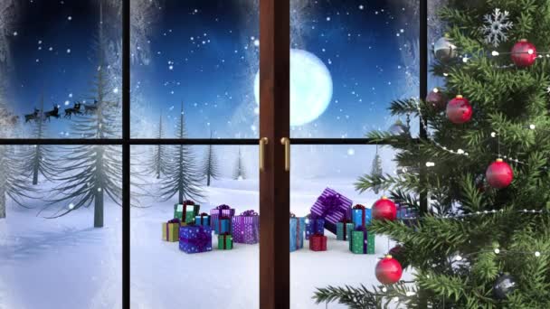Animatie Van Winter Kerst Scene Met Santa Slee Gezien Door — Stockvideo