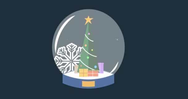 Animation Der Weihnachtsschneekugel Mit Weihnachtsbaum Und Schneeflocken Auf Grauem Hintergrund — Stockvideo