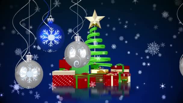 Анімація Ялинкових Кульок Над Падінням Різдвяних Символів Синьому Фоні Різдво — стокове відео