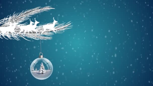 Santa Claus Sleigh Being Pulled Reindeers Hanging Decorations Tree Branch — Stock Video