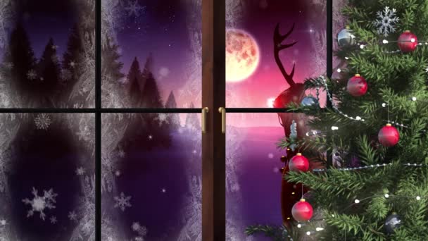 Анімація Зимової Різдвяної Сцени Санта Садами Оленями Які Видно Крізь — стокове відео