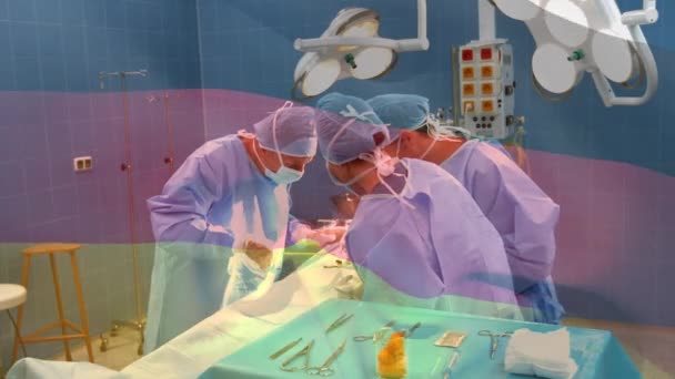 Cerrahların Ameliyat Odasında Sallanan Alman Bayrağının Animasyonu Küresel Tıp Covid — Stok video