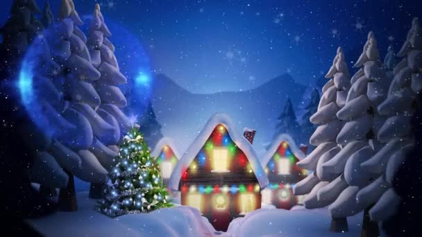 クリスマスハウスや冬の風景の上に降る雪のアニメーション クリスマス 伝統とお祝いのコンセプトデジタルで生成されたビデオ — ストック動画