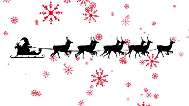 雪橇上的桑塔爪与驯鹿在雪片上的动画 背景为白色 圣诞节 传统和庆祝概念数字制作的视频 — 图库视频影像