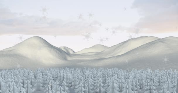 冬の風景の中でモミの木の上に降る雪のアニメーション クリスマス お祝いのコンセプトをデジタルで — ストック動画