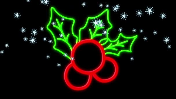 Анимация Снега Падающего Рождественские Неоновые Украшения Черном Фоне Рождество Традиции — стоковое видео