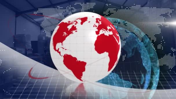 Animacja Globu Interfejsu Cyfrowego Przetwarzaniem Danych Przez Magazyn Globalna Wysyłka — Wideo stockowe
