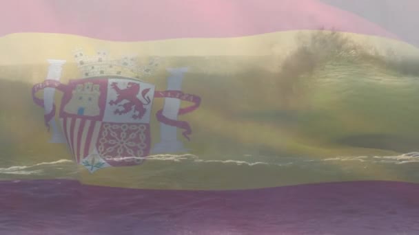 Composición Digital Bandera España Ondeando Contra Vista Aérea Las Olas — Vídeos de Stock