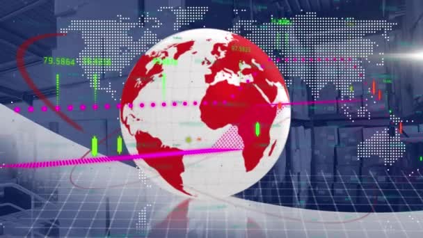 Animação Globo Interface Digital Com Processamento Dados Sobre Armazém Conceito — Vídeo de Stock