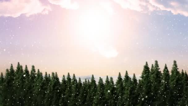 雪が空の雲に対して冬の風景の上に複数の木の上に落ちる クリスマス フェスティバルとお祝いのコンセプト — ストック動画