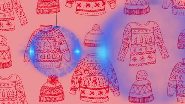 Animation Julgranskulor Över Jul Jumper Mönster Rosa Bakgrund Jul Vinter — Stockvideo