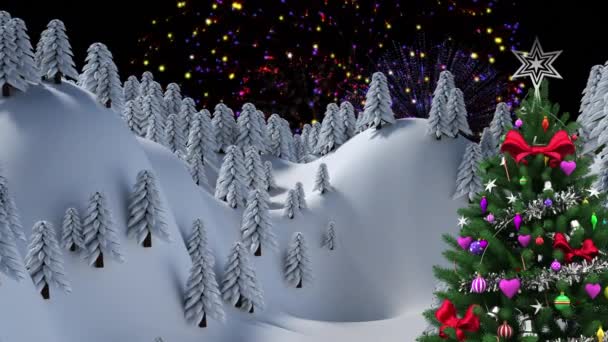 Animation Fireworks Christmas Tree Winter Landscape Christmas Tradition Celebration Concept — Stock Video