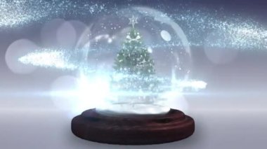 Gri arka planda kar küresi üzerinde ren geyiği olan Noel Baba 'nın kızakta canlandırması. Noel, gelenek ve kutlama konsepti dijital olarak oluşturuldu.