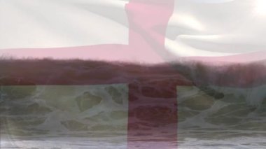 Denizde dalgaların havada dalgalanmasına karşı İngiltere bayrağının dijital bileşimi. Ulusal seyahat ve turizm kavramı