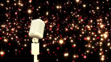 Parlayan ışık noktalarının üzerinde retro mikrofon animasyonu. Vintage noeller, müzik, gelenek ve dijital olarak üretilen kutlama konsepti.