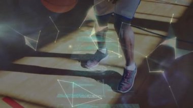 Afro-Amerikan erkek basketbolcu üzerinden bağlantı ağının animasyonu. global spor, bağlantılar ve dijital arayüz konsepti dijital olarak oluşturulmuş video.