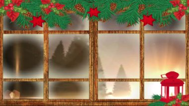 Kış manzarasının animasyonu, evlerin ve pencereden görülen kayan yıldızların. Noel, gelenek ve kutlama konsepti dijital olarak oluşturuldu.