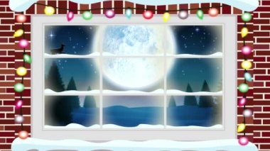 Pencereden görülen kış manzarası ve Noel Baba kızağı animasyonu. Noel, gelenek ve kutlama konsepti dijital olarak oluşturuldu.
